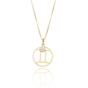 Pingente Signo de Gêmeos de Ouro 18k com Ágata Branca