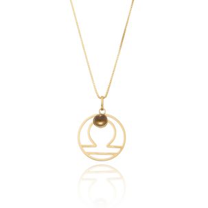 Pingente Signo de Libra de Ouro Amarelo 18k com Quartzo Fumê