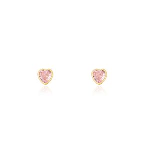 Brincos Infantis Coração de Ouro Amarelo 18k com Zircônias Rosa