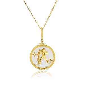 Pingente Signo Aquário de Ouro Amarelo 18k com Quartzo Branco