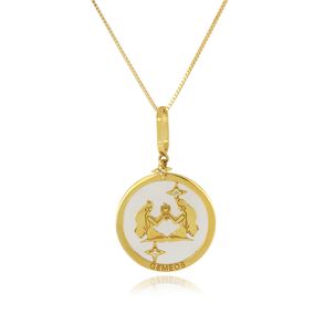 Pingente Signo Gêmeos de Ouro Amarelo 18k com Quartzo Branco