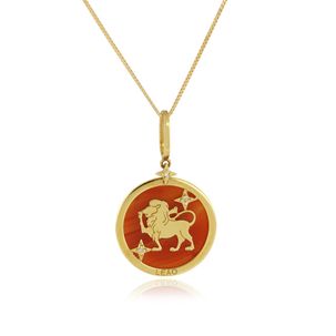 Pingente Signo Leão de Ouro Amarelo 18k com Quartzo Laranja e Diamantes
